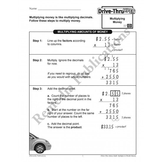 Drive-Thru Menu Math - Multiply & Divide Money (Grades 4-6)