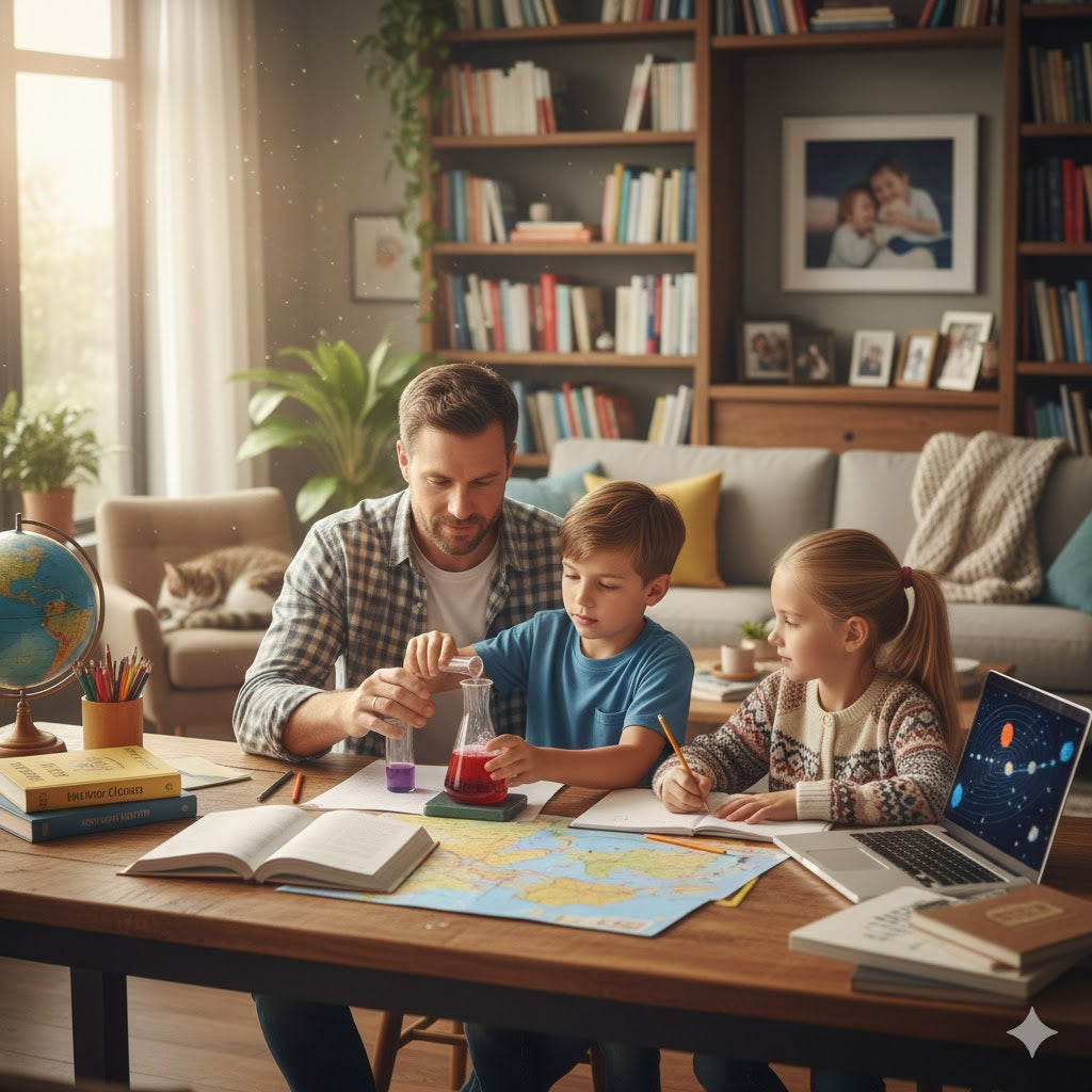 A father and two young children sitting at a wooden table in a home library, looking together at a map of the United States. The room is filled with books, a globe, and warm natural light, illustrating a collaborative and cozy homeschooling environment.