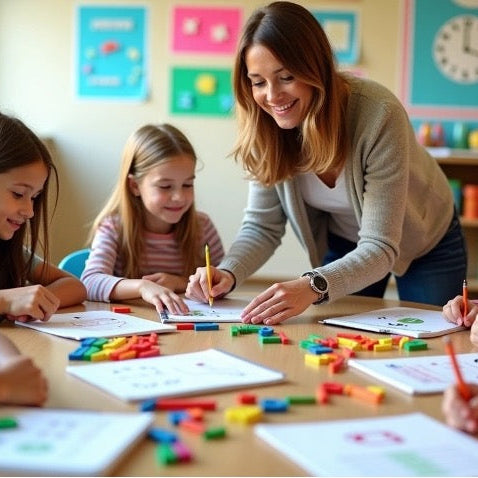 A female teacher or parent smiling while sitting at a table with four young children, helping them with a colorful math activity in a bright classroom or homeschool setting.