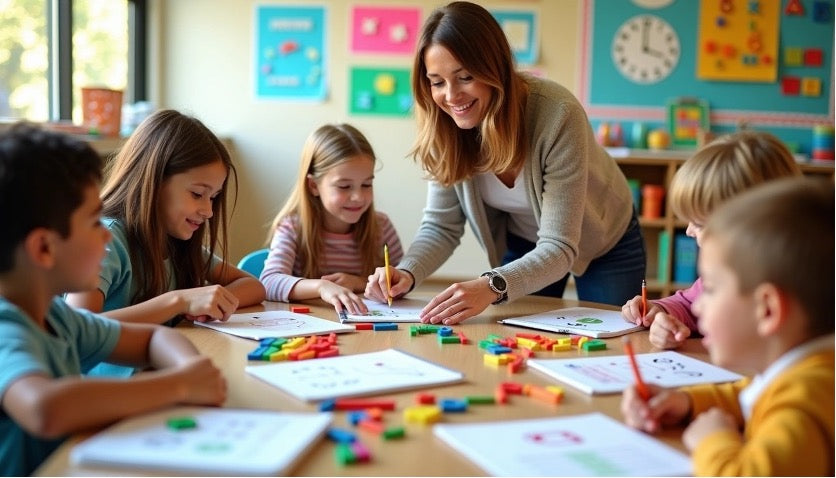 A female teacher or parent smiling while sitting at a table with four young children, helping them with a colorful math activity in a bright classroom or homeschool setting.