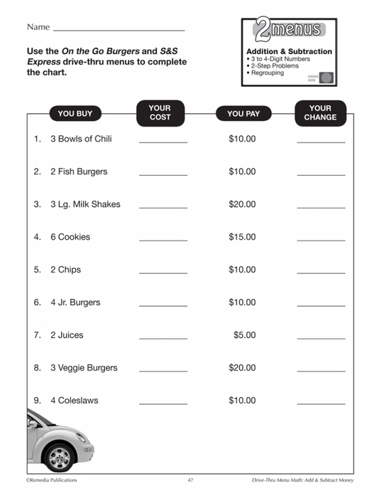 Drive-Thru Menu Math - ADD & SUBTRACT Money (Gr. 3-5)