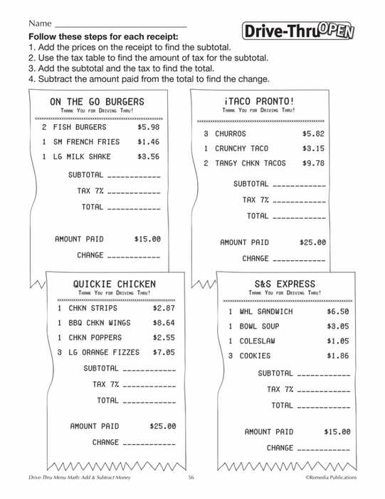 Drive-Thru Menu Math - ADD & SUBTRACT Money (Gr. 3-5)