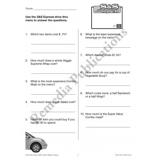 Drive-Thru Menu Math - ADD & SUBTRACT Money (Gr. 3-5)