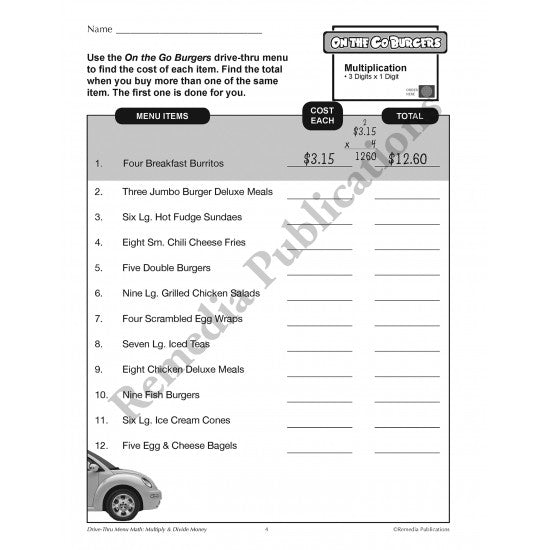 Drive-Thru Menu Math - Multiply & Divide Money (Grades 4-6)